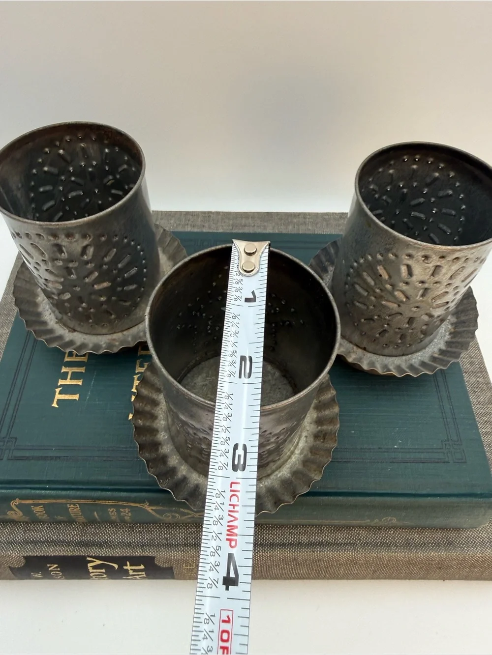 3 Vintage Punched Pierced Tin Candle Holder Primitive Folk Country